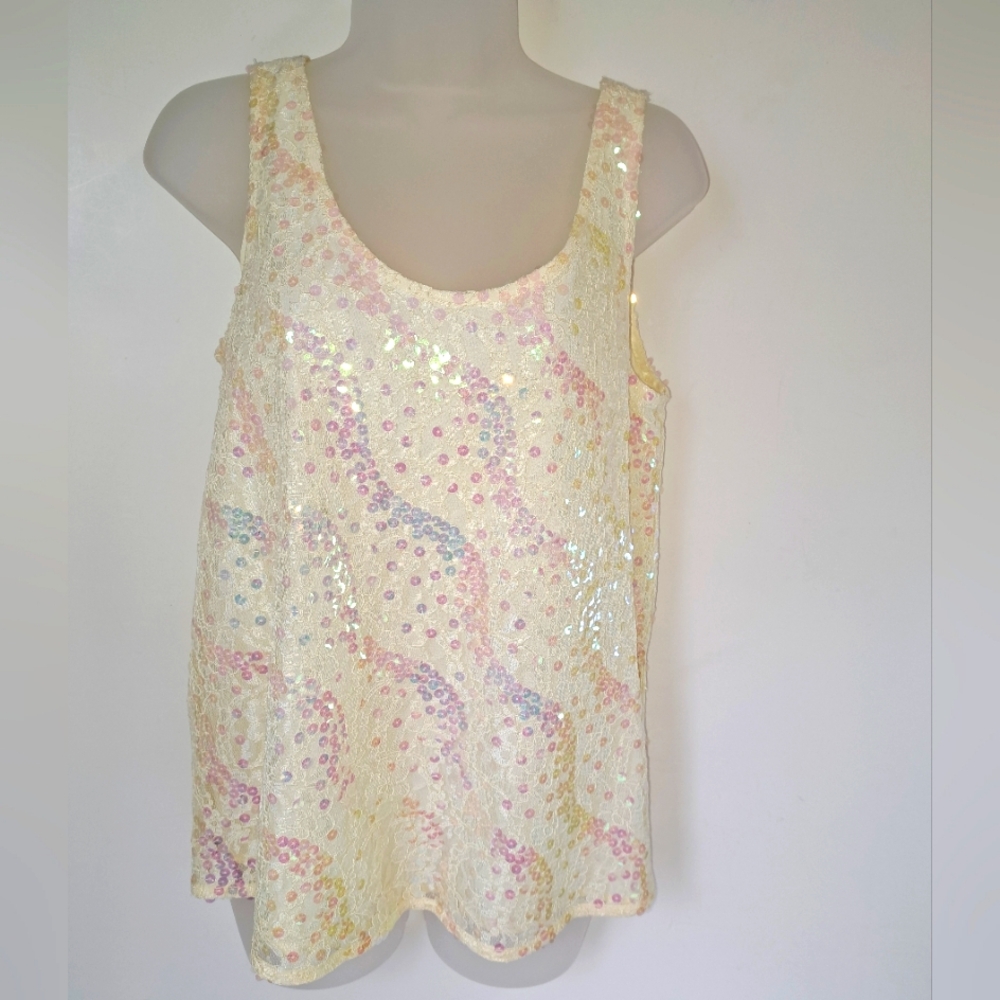 Lew Magram New York Beautiful Sequin and Lace Tank Top Medium Ivory Iridescent